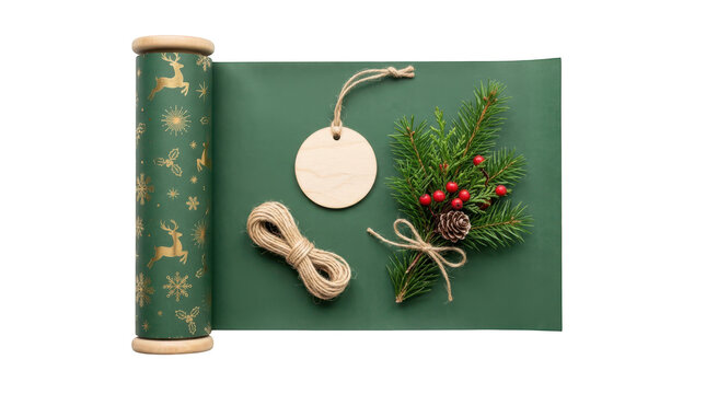 Christmas wrapping supplies with green deer pattern paper roll, wooden tag, twine, and pine branch on transparent background