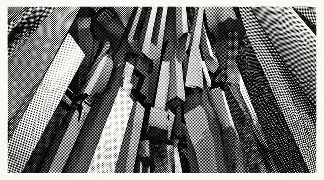 Monochrome halftone architecture multiple broken monoliths illustration 