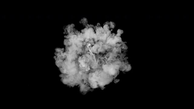 An isolated puff of smoke expands and disperses against a black background, filmed at 1,000 frames per second. The detailed slow-motion movement makes it suitable as a smoke overlay for video composit