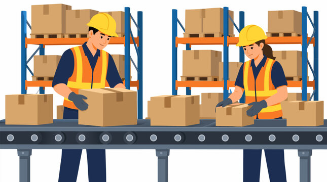 Two diverse warehouse workers wearing yellow hard hats and orange safety vests sorting cardboard parcels on roller conveyor belt inside busy distribution center with stocked shelves illustration