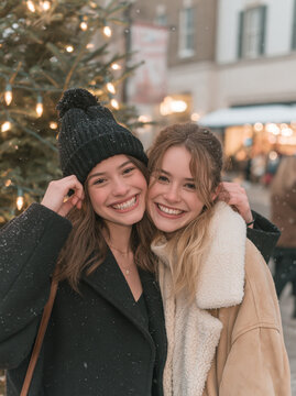 Portraits of Two Cheerful Female Friends at Outdoor Holiday Market