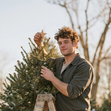 Young Man Decorating an Outdoor Christmas Tree with a Star Top
