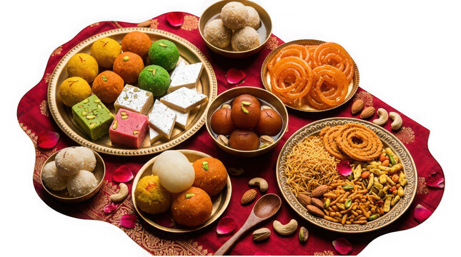 Assorted colorful indian sweets on festive plate