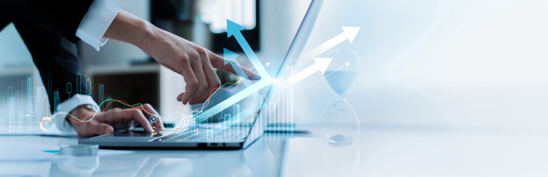 Strategy and business growth concept, Business leaders point to arrows illustrating business volatility and soaring future growth moving forward with data realtime long-term of business metrics.