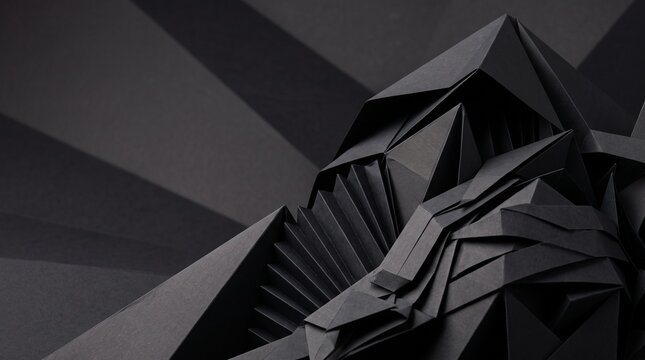 Abstract geometric paper sculpture with sharp folds and shadows in deep black monochromatic style