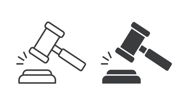 Stylized judge's gavel icon set, depicting outlines and solid grey for legal judgments, decisions.