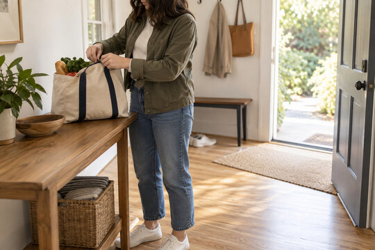 Closes a fully packed lightweight errand bag beside a clear doorway