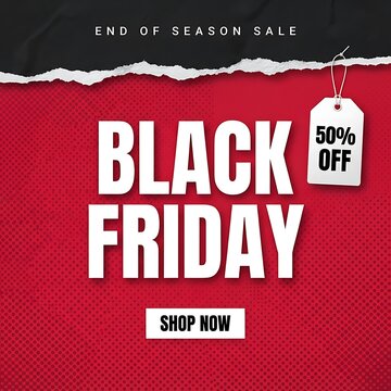 Black Friday sale vector banner featuring bold white typography against textured red paper background with ripped edges and hanging price tag offering massive discounts
