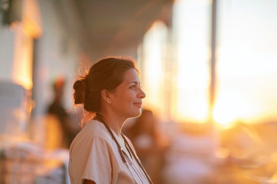 Filipino nurse wearing a stethoscope, looking calm and capable in a glowing hospital corridor with soft light for medical and healthcare themes