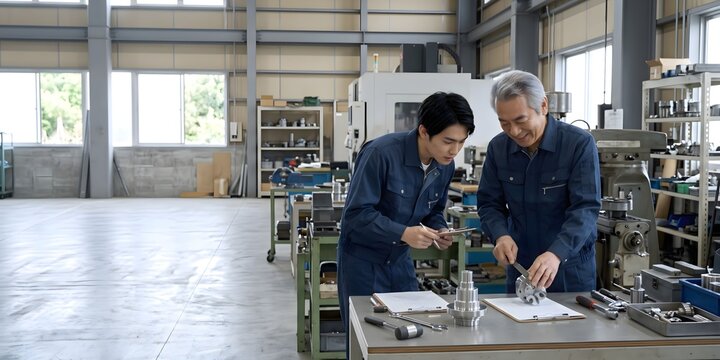 工場でベテラン職人が若手後輩に金属加工の技術を笑顔で指導する現場、技術継承とOJT成功の比較アフター用イメージ素材