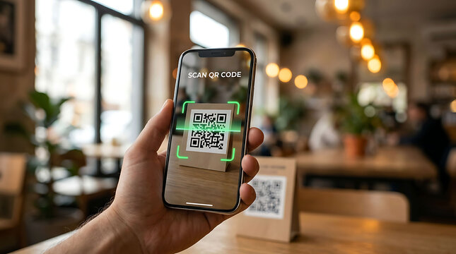Person using a smartphone to scan a QR code in a modern restaurant or cafe