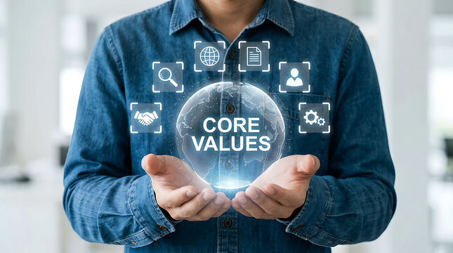 Businessman holding glowing globe with core values concept and digital icons
