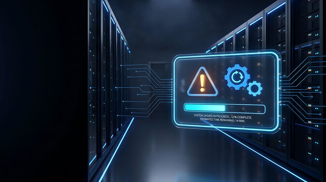 Data center server room showing system update progress screen with error warning