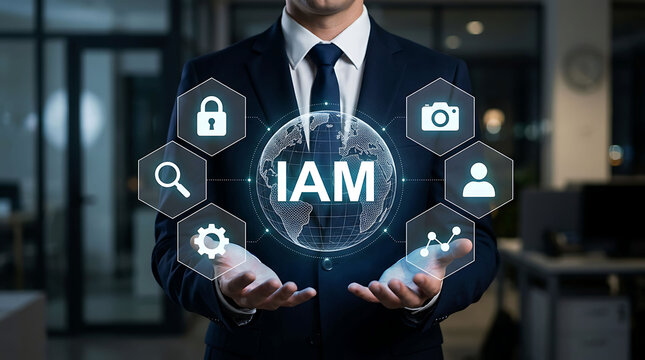 Businessman presenting IAM identity and access management digital hologram