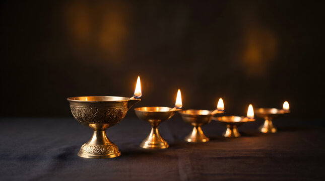 Golden brass diyas with flickering flames, traditional indian oil lamps for religious ceremony, spiritual light arrangement for diwali celebration