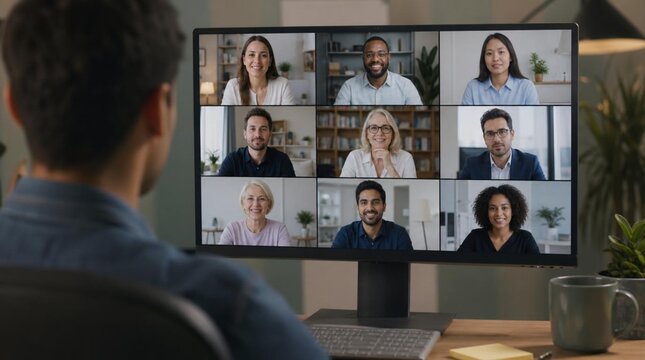 Over-the-shoulder view of a person looking at a computer screen showing a 3x3 grid of diverse professionals on a video conference call in a modern home office workspace detailed commercial stock