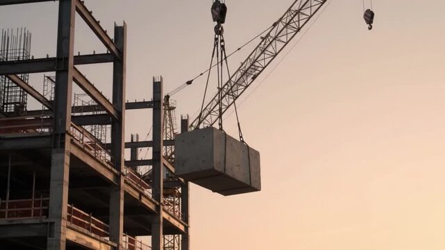 Tower crane lifting a concrete block at a building site during sunset