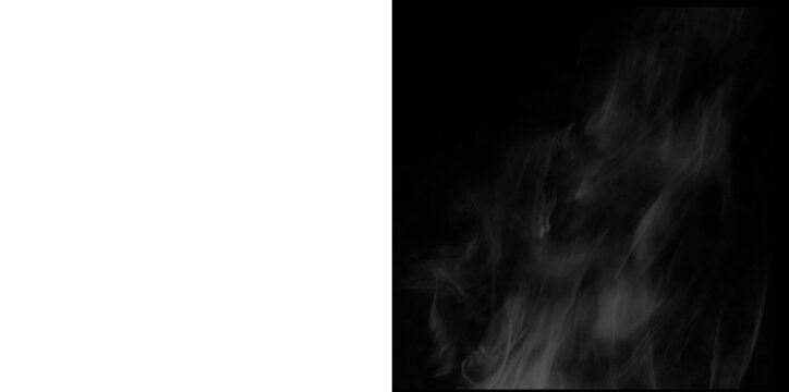 Realistic white smoke plumes moving on black and transparent background for effects.