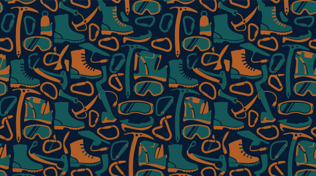 Mountaineering equipment seamless pattern, climbing gear vector background with ice axes and boots, outdoor adventure hiking textile design