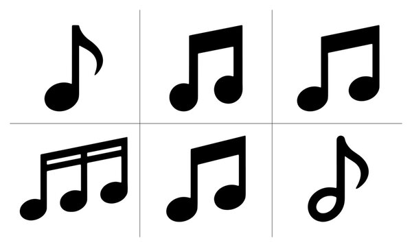 Music note icons set with eighth note, beamed eighth notes, sixteenth notes, and treble clef for audio and melody apps