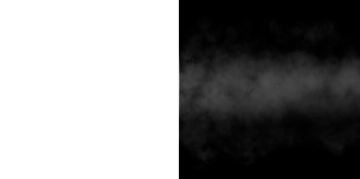 Horizontal stream of grey smoke against black background for atmospheric effects and motion.