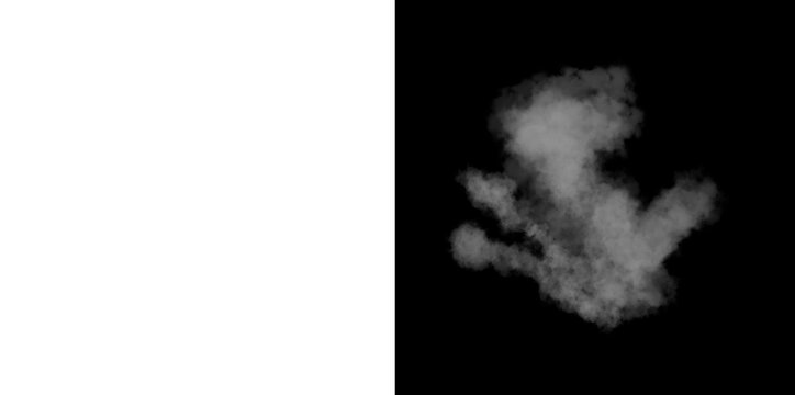 White smoke cloud rising and dissipating on transparent and black backgrounds for overlay effects.