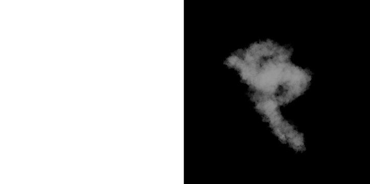 Realistic white smoke plume moving upwards on transparent and black backgrounds for graphics.
