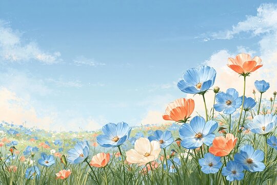 Stuning Blooming Meadow With Pastel Blue And Orange Wildflowers Under A Soothing Summer Blue Sky