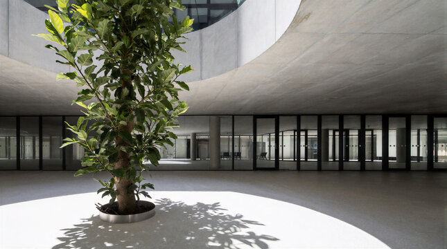 Ficus macrophylla tree growing through a circular void in a concrete floor slab inside modern architecture