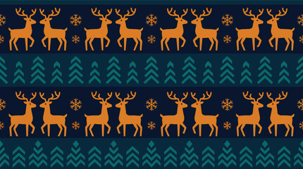 Christmas reindeer seamless pattern vector, winter holiday fair isle background with deer and pine trees, festive navy blue and orange textile design © Muhammad