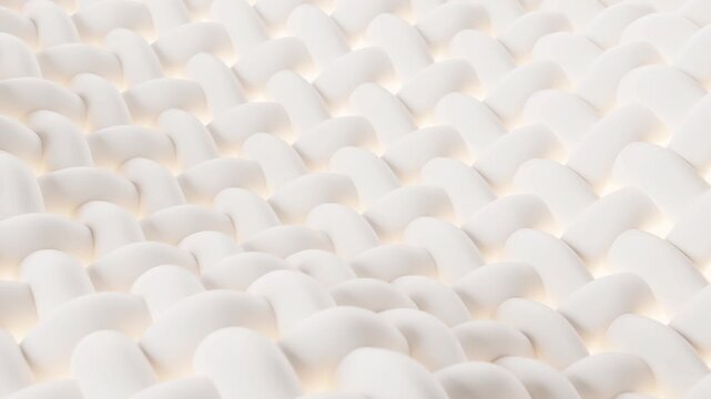 Abstract white flowing 3D woven fibers or threads pattern with soft, warm light highlights and gentle undulating motion, creating smooth textile-like backdrop.