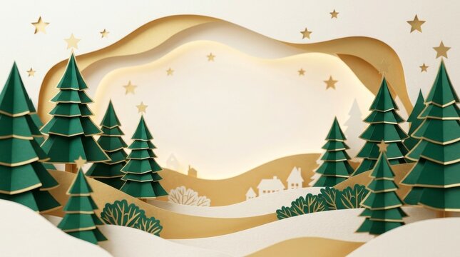 Elegant Christmas papercut background with green pine trees, golden waves, and stars. 3D paper craft winter landscape frame with copy space for holiday greeting card.