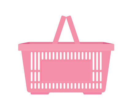 Pink plastic shopping basket vector illustration. Cute minimal grocery store handle crate icon isolated on white background for retail sale and ecommerce UI.