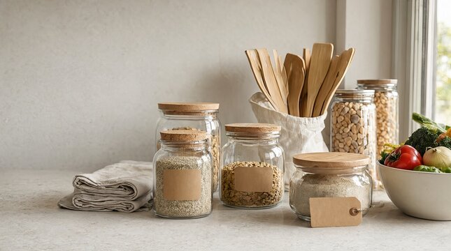 Zero Waste Kitchen Pantry with Glass Dry Storage Jars Bamboo Utensile Organic Kitchen Concept