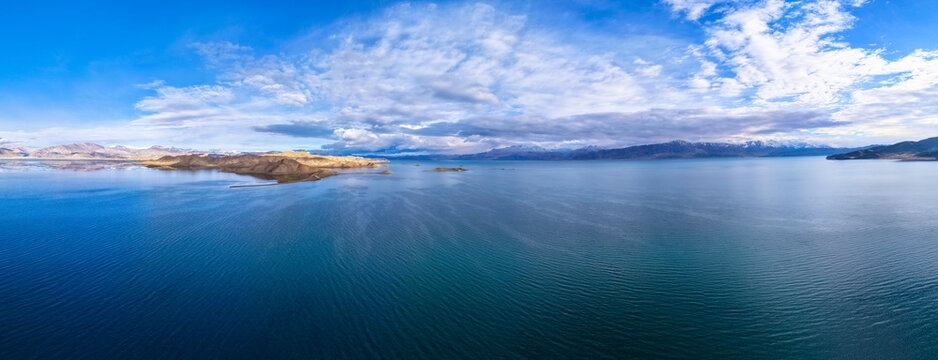 Aerial view of blue Pangong Tso lake and rugged shores