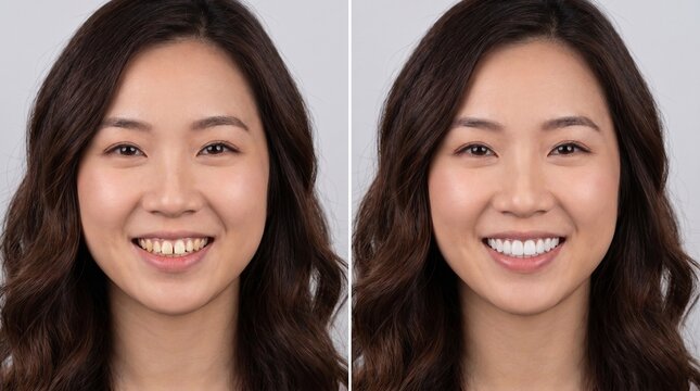 Young Asian woman teeth whitening dental veneers split comparison, showing discolored gapped teeth versus bright white perfectly aligned smile makeover
