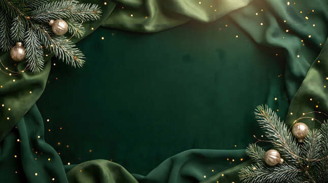 Luxury Christmas background with dark green velvet fabric, elegant holiday frame with gold ornaments and fir branches, festive emerald textile