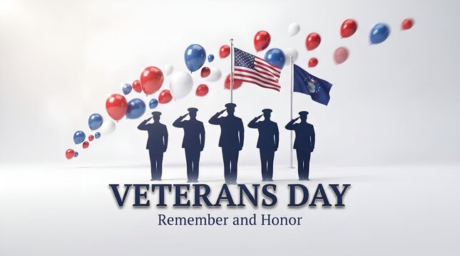 Veterans day tribute with silhouetted soldiers and patriotic red white and blue balloon design