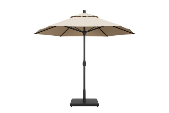 Open beige patio parasol with a sturdy freestanding base