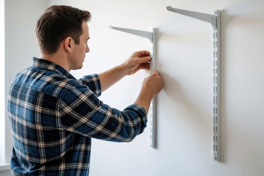 Male handyman installs metal shelf brackets on white wall in apartment. Pro worker performs home renovation, furniture assembly task. Skilled craftsman fixes mounting hardware for storage solution