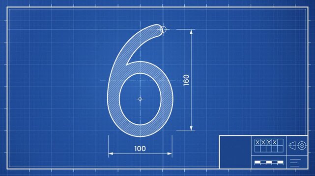 Blueprint countdown from 10 to 0, each number plotted as a technical drawing with dimension lines on blue