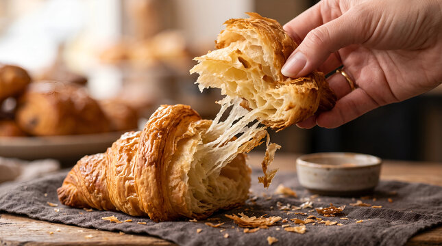 Hand tearing a fresh flaky buttery croissant in close up