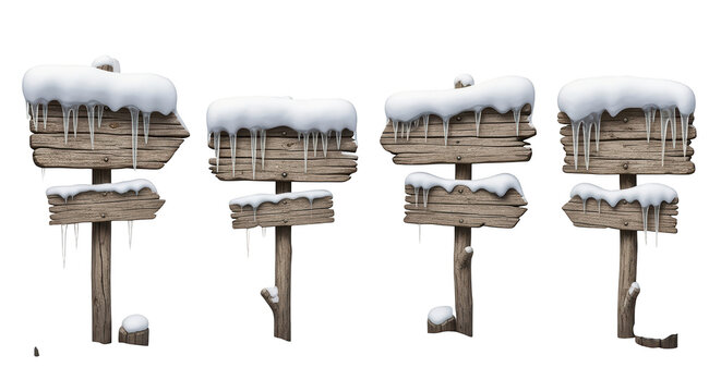 Winter wooden signposts with thick snow and icicles, set of 4 rustic timber billboards, weathered wood directional signs for seasonal holiday design