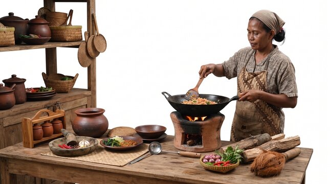 Traditional Indonesian Woman Cooking Over a Wood-Burning Clay Stove in a Rustic Kitchen, Isolated on White Background