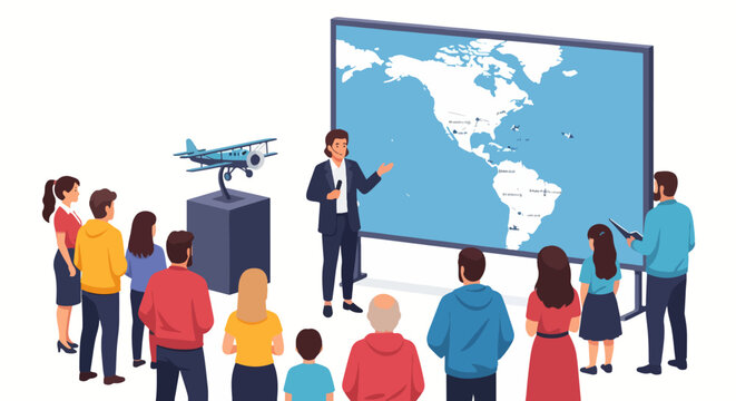 Diverse group of people attending a presentation about aviation history and world geography on a large map screen with a model airplane display