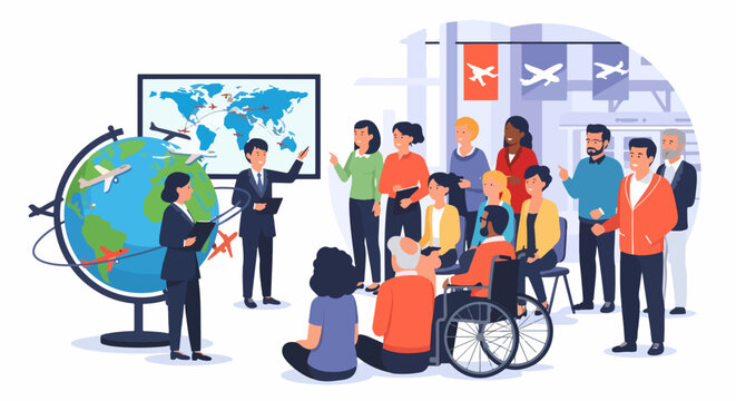 Diverse group of people attending a travel presentation with a globe and world map showing flight routes and airplanes symbolizing global transportation and tourism industry