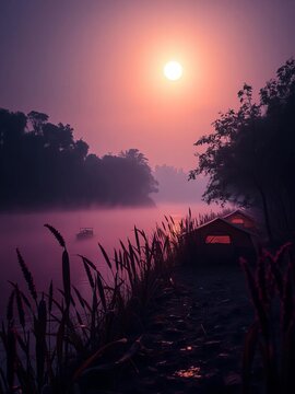 Riverbank encampment, chrome reeds, phosphor mist, digital moonrise ,  riverbank,  vibrant