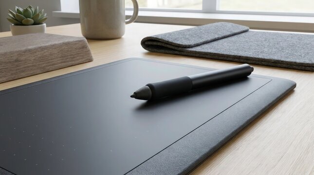 Digital graphics tablet with stylus pen on wooden desk for creative