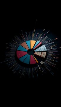 Shattered circle diagram, pie chart segments radiating outwards in a dark, intense chiaroscuro, Dutch angle perspective on broken data,  segments,  artistic