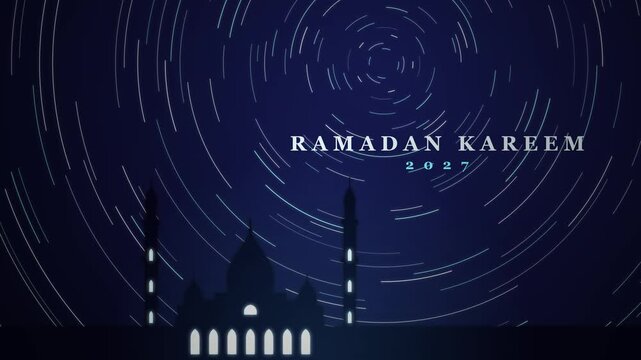 A serene night sky with star trails above a silhouetted mosque and the inscription Ramadan Kareem, signifying a peaceful observance of the holy month.